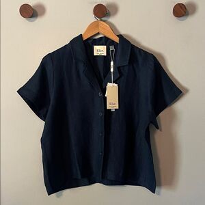 New! Elite Tahiti 100% Linen Top Short sleeve size Petite large PL Navy Blue NWT